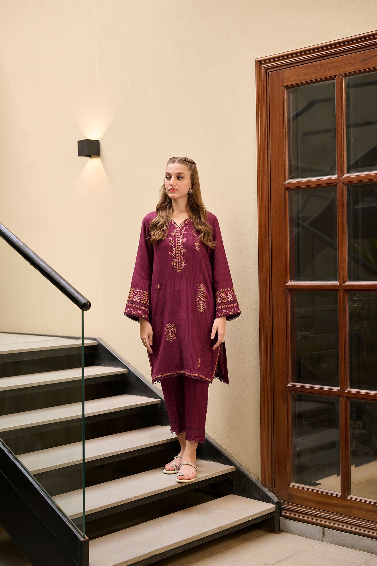 DC-2292 PURPLE 2PCS  EMBROIDERED KURTA WITH TROUSER