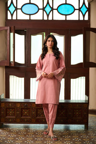 SS24DC-2326 PINK 2PCS  EMBROIDERED KURTA WITH TROUSER