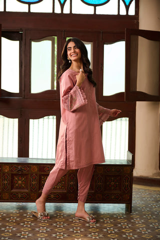 SS24DC-2326 PINK 2PCS  EMBROIDERED KURTA WITH TROUSER