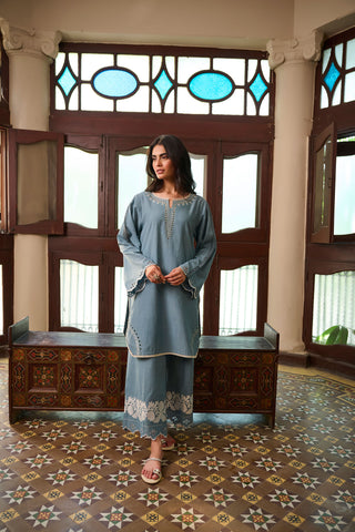 SS24DC-2322 BLUE 2PCS  EMBROIDERED KURTA WITH TROUSER