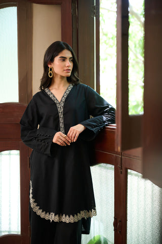 SS24DC-2327 BLACK 2PCS  EMBROIDERED KURTA WITH TROUSER