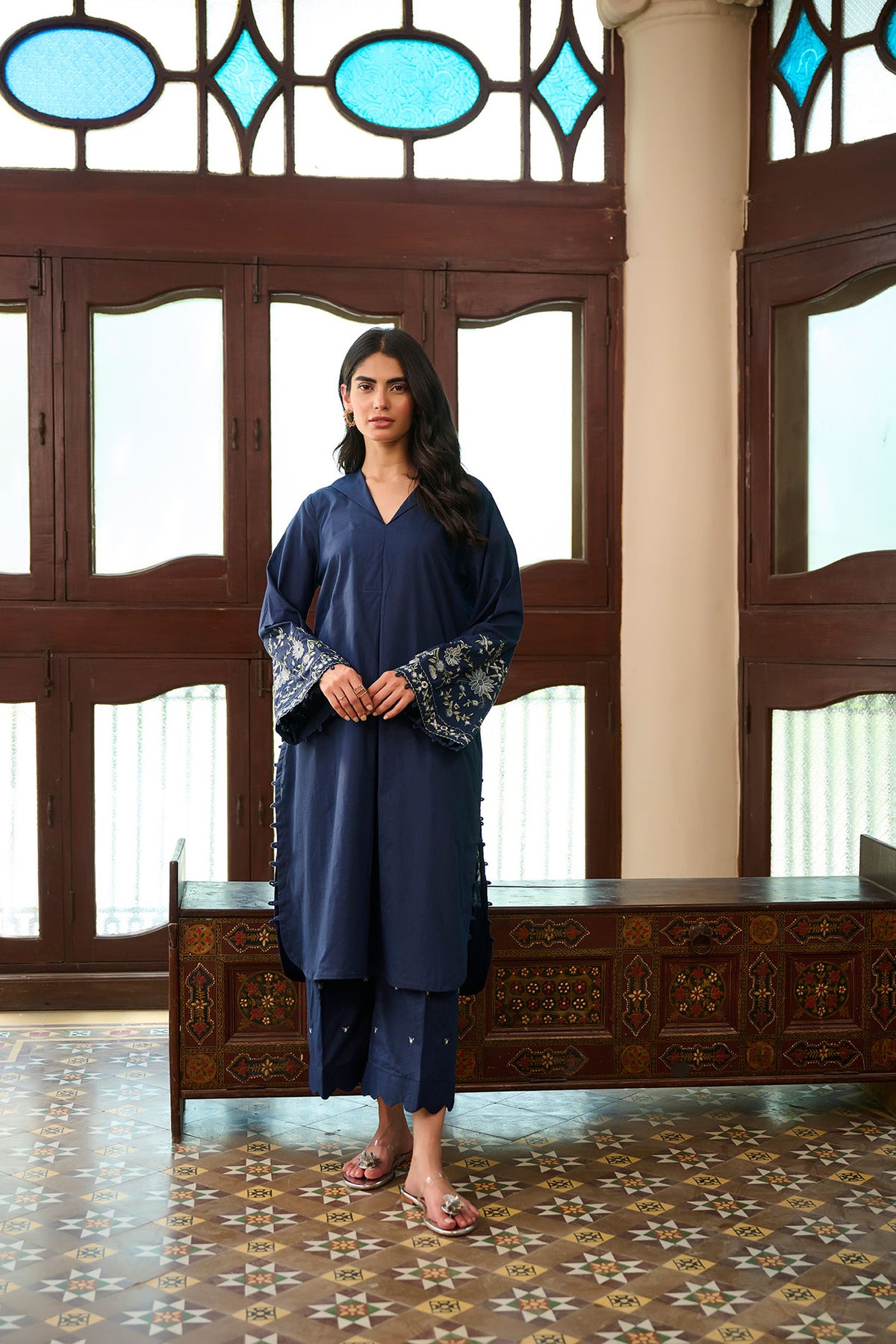 SS24DC-2328 NAVY BLUE 2PCS  EMBROIDERED KURTA WITH TROUSER