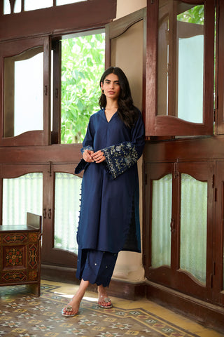 SS24DC-2328 NAVY BLUE 2PCS  EMBROIDERED KURTA WITH TROUSER