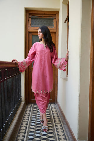 SS24DC-2321 PINK 2PCS  EMBROIDERED KURTA WITH TROUSER