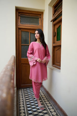 SS24DC-2321 PINK 2PCS  EMBROIDERED KURTA WITH TROUSER