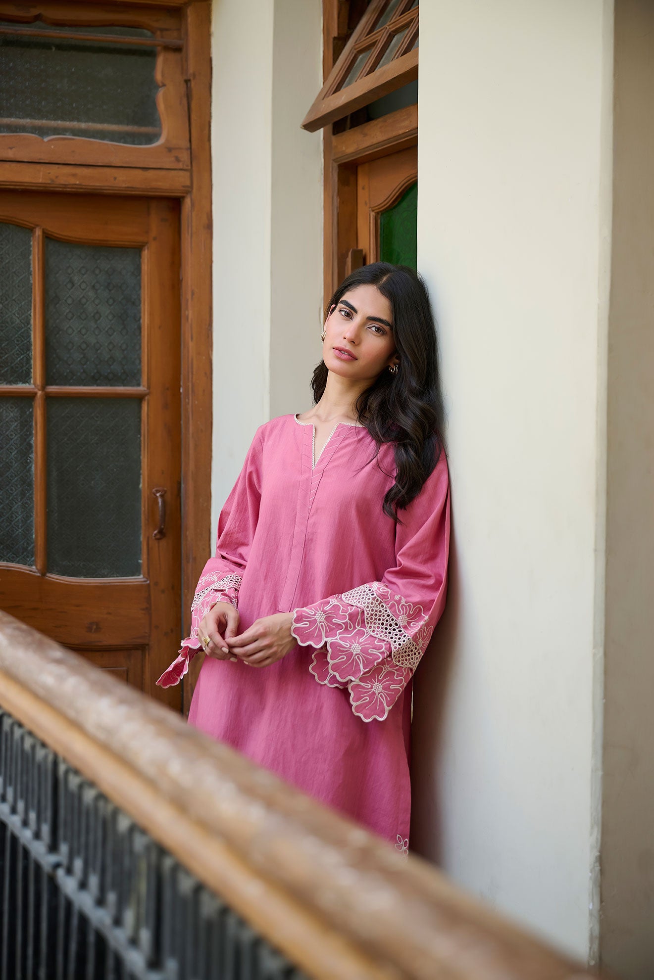 SS24DC-2321 PINK 2PCS  EMBROIDERED KURTA WITH TROUSER