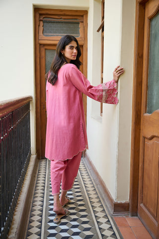 SS24DC-2321 PINK 2PCS  EMBROIDERED KURTA WITH TROUSER