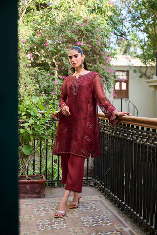 SS24DA-2301 MAROON EMBROIDERED KURTA WITH DUPATTA