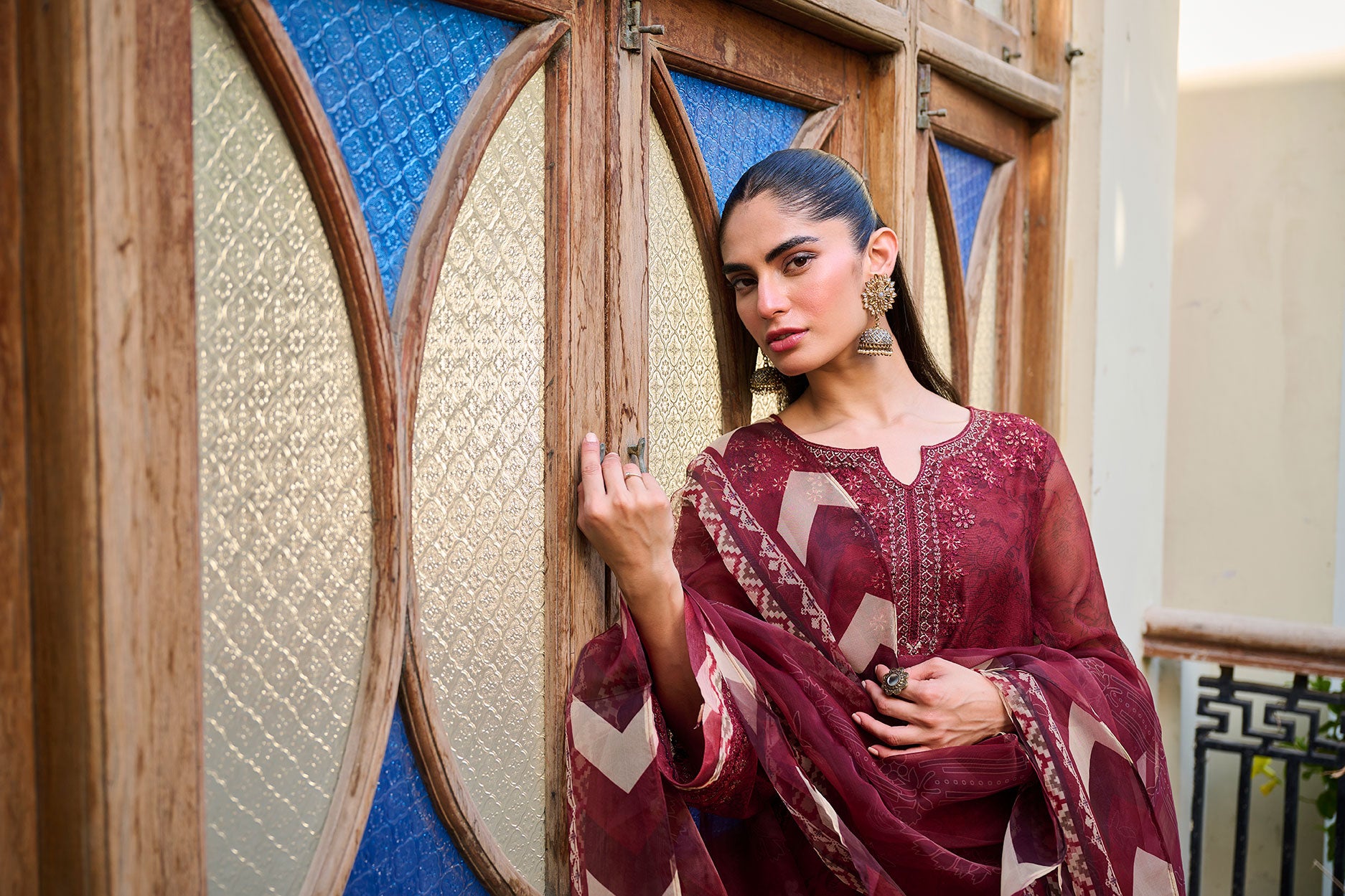 SS24DA-2301 MAROON EMBROIDERED KURTA WITH DUPATTA