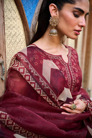 SS24DA-2301 MAROON EMBROIDERED KURTA WITH DUPATTA