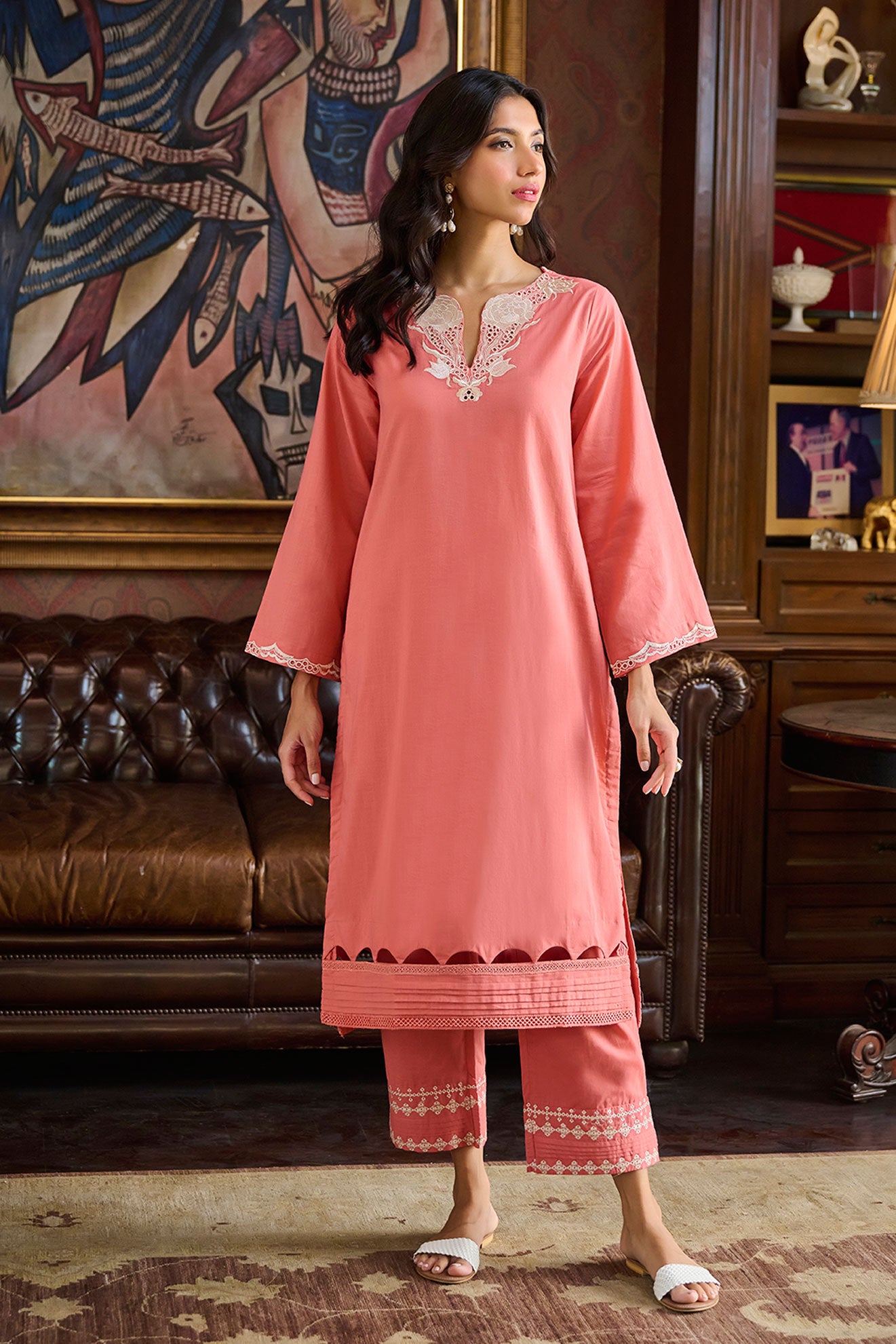 DC-2219 RUST 2PCS  EMBROIDERED KURTA WITH TROUSER
