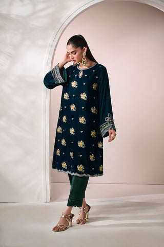 FW24DA-1895   DARK GREEN  1PCS  EMBROIDERED KURTA