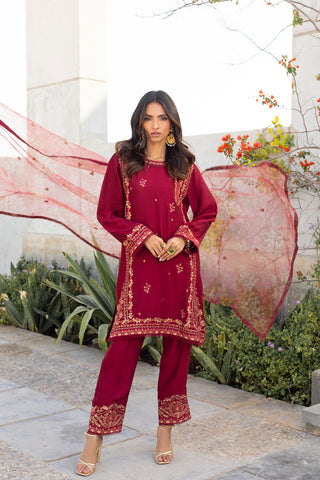 SS24DA-2290 MAROON EMBROIDERED KURTA WITH TROUSER