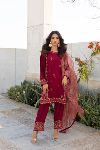SS24DA-2290 MAROON EMBROIDERED KURTA WITH TROUSER