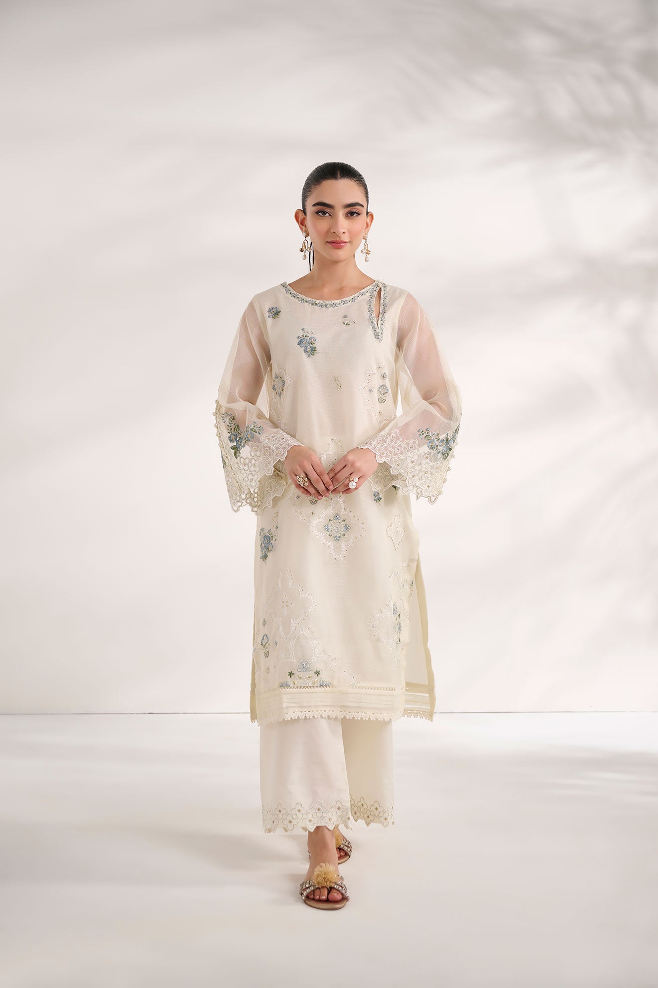 SS24DA-2462   OFF WHITE  2PCS  EMBROIDERED KURTA WITH TROUSER