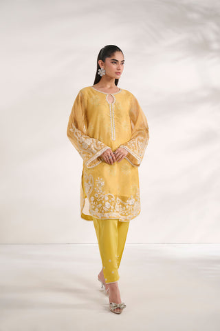 SS24DA-2476   YELLOW  2PCS  EMBROIDERED KURTA WITH TROUSER