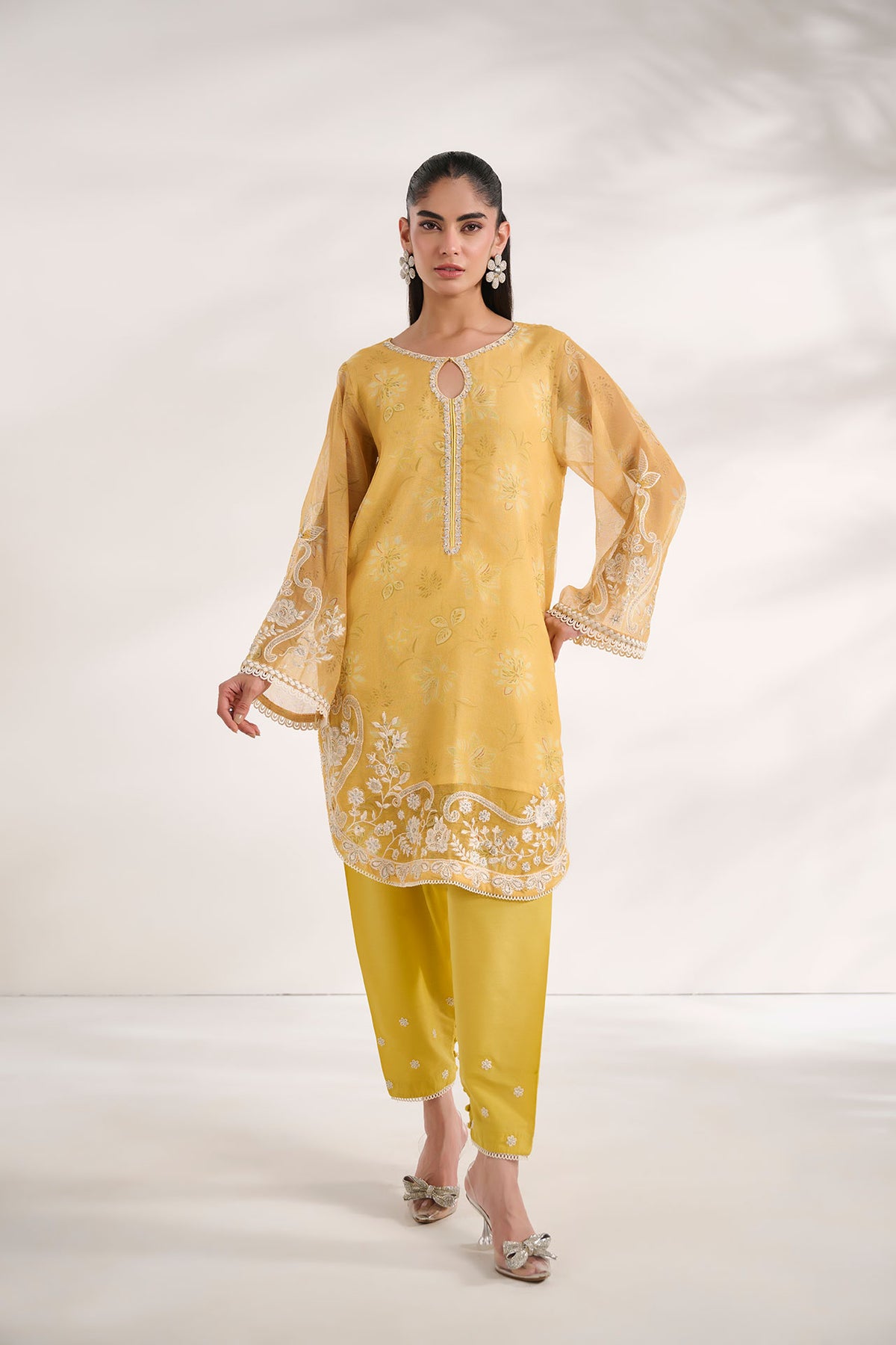 SS24DA-2476   YELLOW  2PCS  EMBROIDERED KURTA WITH TROUSER