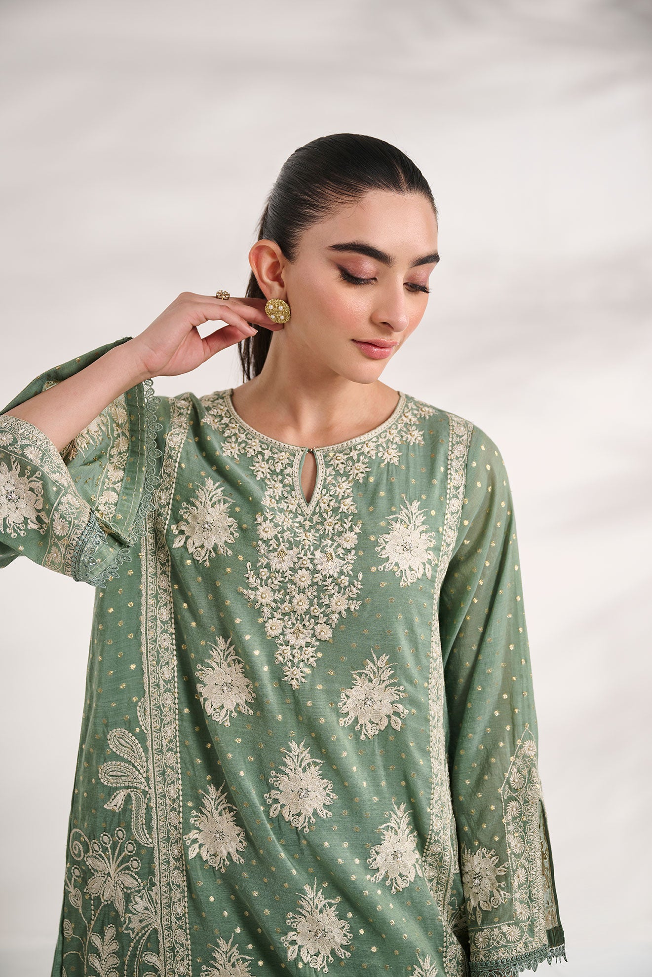 SS24DA-2589   GREEN  2PCS  EMBROIDERED KURTA WITH TROUSER