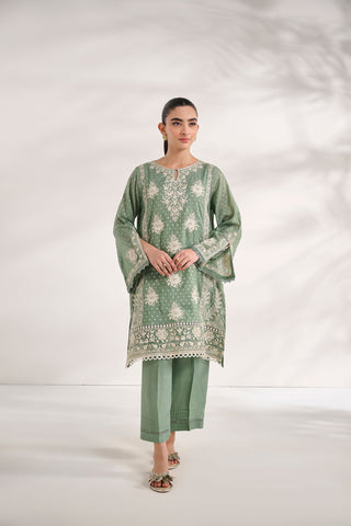 SS24DA-2589   GREEN  2PCS  EMBROIDERED KURTA WITH TROUSER