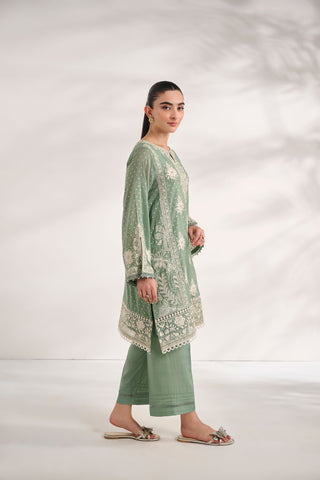 SS24DA-2589   GREEN  2PCS  EMBROIDERED KURTA WITH TROUSER