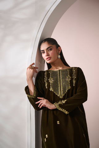 FW24DA-2603   OLIVE GREEN  2PCS  EMBROIDERED KURTA WITH TROUSER