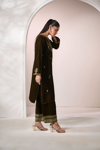 FW24DA-2603   OLIVE GREEN  2PCS  EMBROIDERED KURTA WITH TROUSER