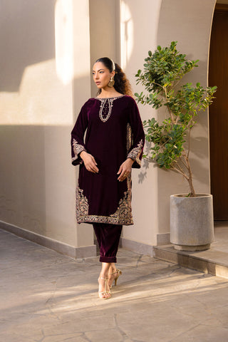 FW24DA-2604   PLUM  2PCS  EMBROIDERED KURTA WITH DUPATTA