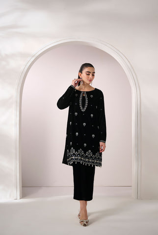 FW24DA-2605   BLACK  2PCS  EMBROIDERED KURTA WITH DUPATTA