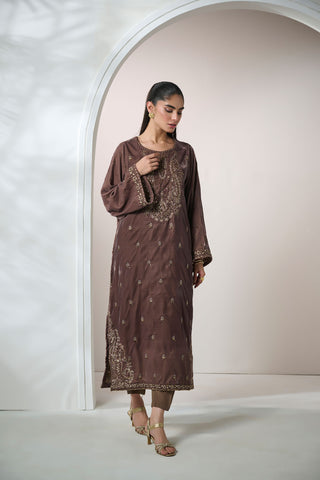 FW24DA-2608   OLIVE GREEN  2PCS  EMBROIDERED KURTA WITH TROUSER