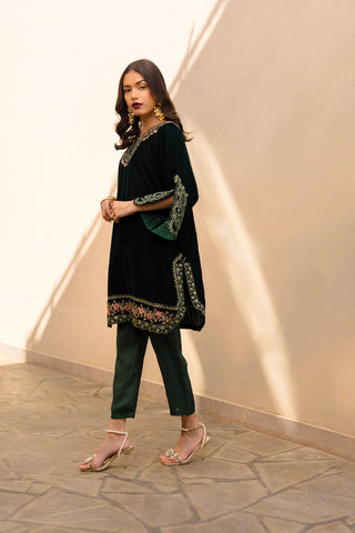 FW24DA-2609   DARK GREEN  2PCS  EMBROIDERED KURTA WITH TROUSER