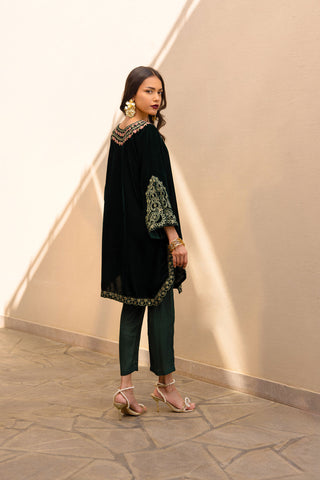 FW24DA-2609   DARK GREEN  2PCS  EMBROIDERED KURTA WITH TROUSER