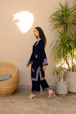 FW24DA-2615   NAVY BLUE  2PCS  EMBROIDERED KURTA WITH DUPATTA