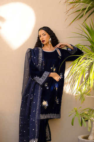 FW24DA-2615   NAVY BLUE  2PCS  EMBROIDERED KURTA WITH DUPATTA