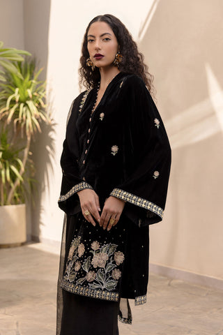 FW24DA-2619   BLACK  2PCS  EMBROIDERED KURTA WITH TROUSER