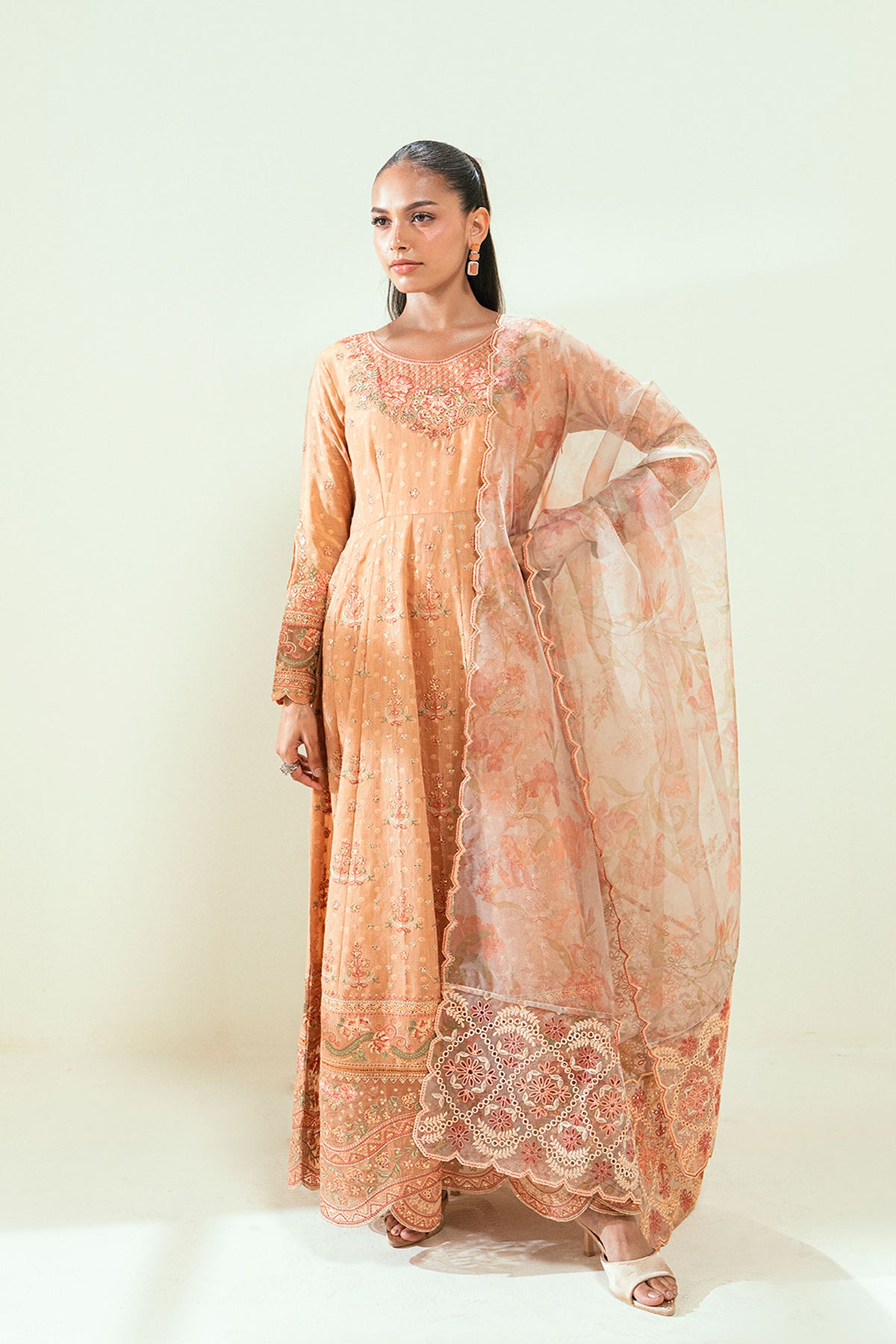 SS25DA-2694 ORANGE  2PCS EMBROIDERED PISHWAS WITH TROUSER