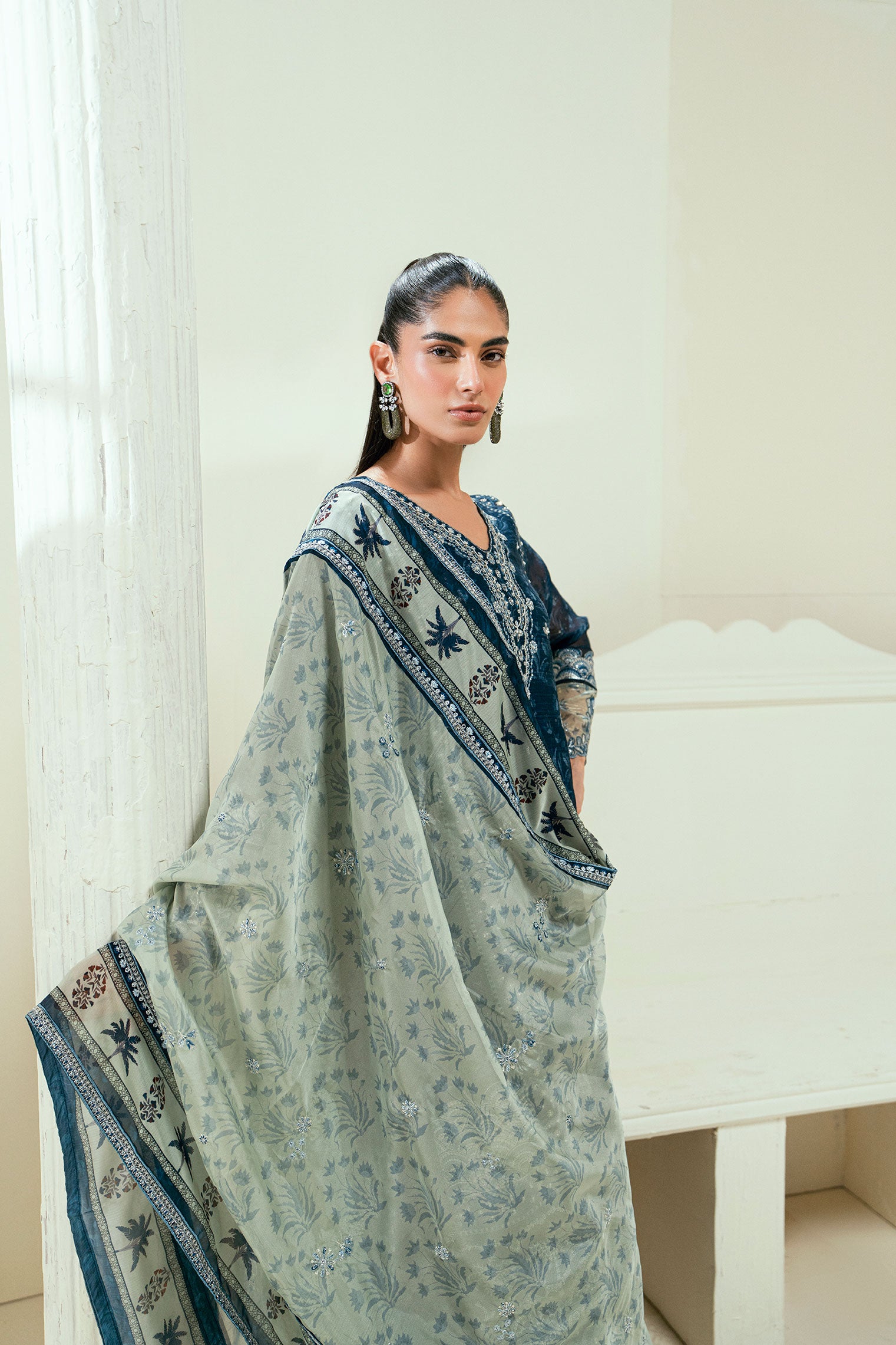 SS25DA-2695   NAVY BLUE  2PCS  EMBROIDERED KURTA WITH TROUSER