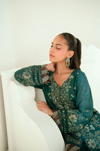 SS25DA-2696 DARK GREEN  2PCS EMBROIDERED KURTA WITH TROUSER