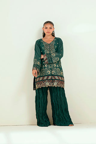 SS25DA-2696 DARK GREEN  2PCS EMBROIDERED KURTA WITH TROUSER