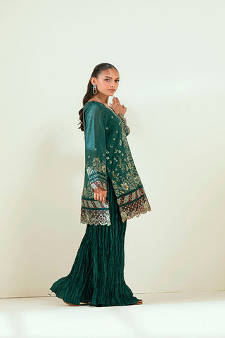 SS25DA-2696 DARK GREEN  2PCS EMBROIDERED KURTA WITH TROUSER