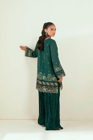 SS25DA-2696 DARK GREEN  2PCS EMBROIDERED KURTA WITH TROUSER
