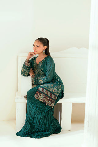 SS25DA-2696 DARK GREEN  2PCS EMBROIDERED KURTA WITH TROUSER