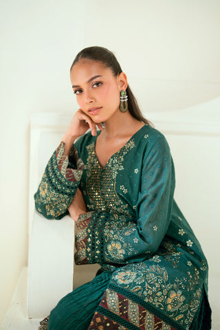 SS25DA-2696 DARK GREEN  2PCS EMBROIDERED KURTA WITH TROUSER
