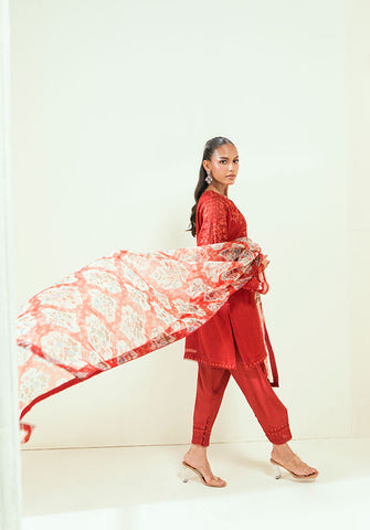 SS25DA-2698   RED  2PCS  EMBROIDERED KURTA WITH TROUSER