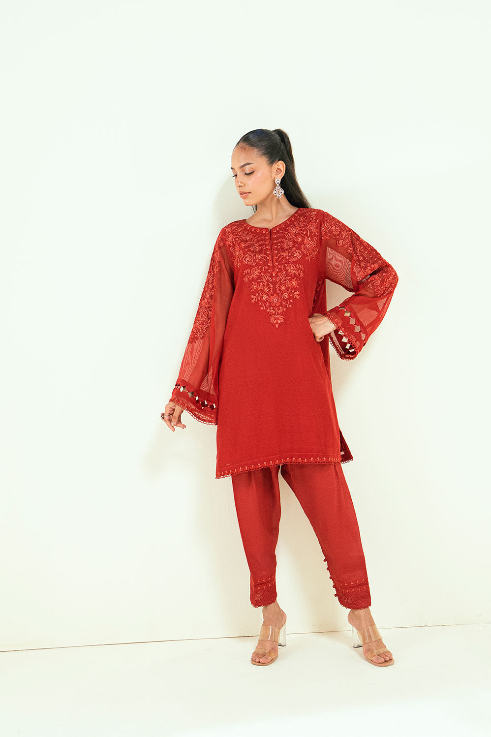 SS25DA-2698   RED  2PCS  EMBROIDERED KURTA WITH TROUSER