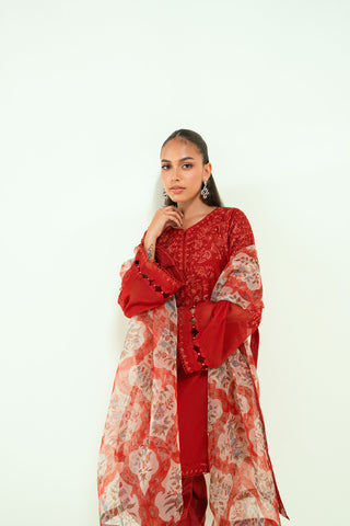 SS25DA-2698   RED  2PCS  EMBROIDERED KURTA WITH TROUSER
