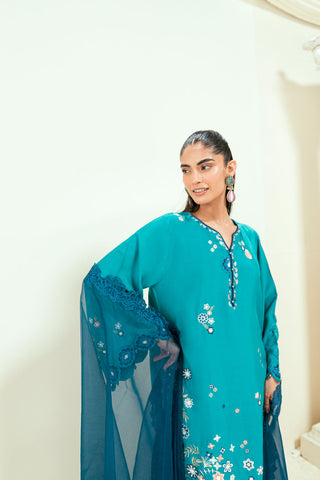 SS25DA-2699 C-GREEN  2PCS EMBROIDERED KURTA WITH TROUSER