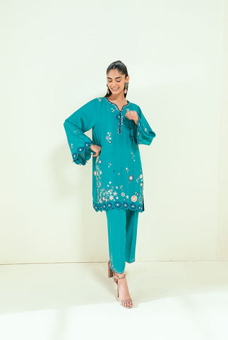 SS25DA-2699 C-GREEN  2PCS EMBROIDERED KURTA WITH TROUSER