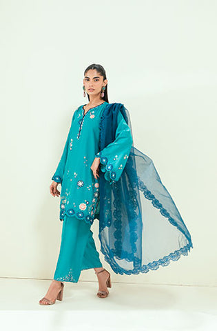 SS25DA-2699 C-GREEN  2PCS EMBROIDERED KURTA WITH TROUSER