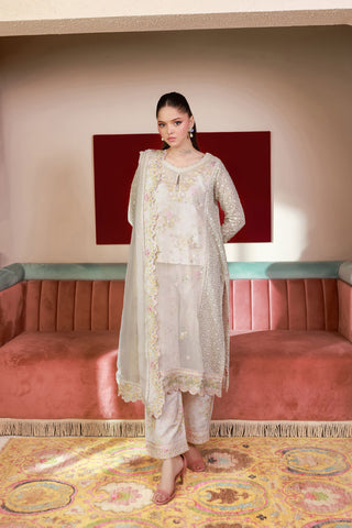 SS25DA-2711 OFF WHITE 2PCS EMBROIDERED KURTA WITH TROUSER