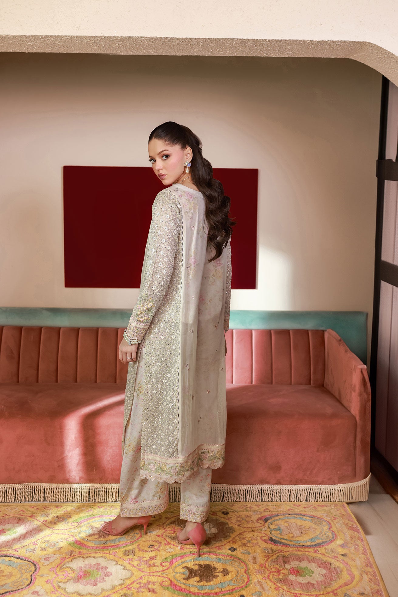SS25DA-2711 OFF WHITE 2PCS EMBROIDERED KURTA WITH TROUSER